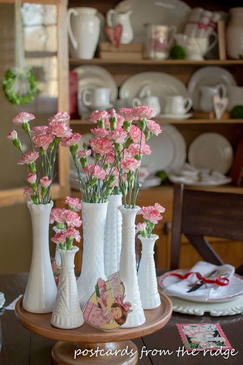 Vintage Valentine's Vibe Milk Glass Display, Mini Boxwood Wreath, Boxwood Wreaths, Milk Glass Centerpiece, Milk Glass Decor, French Linens, Milk Glass Vases, Mini Carnations, Milk Glass Collection