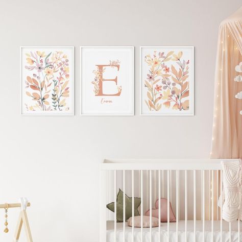 Nursery Watercolor Paintings, Watercolor Nursery Girl, Flower Girl Nursery, Art Above Crib, Girl Nursery Wall Art, Wildflower Watercolor, Name Drawings, Name Paintings, Name Decor