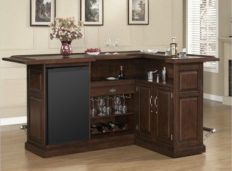 I really like this model because I like the L-shaped home bars... yet this model isn't too large which makes it easy to fit in most rooms. Indoor Bar Ideas, Home Bar Cabinets, Small Home Bar, Wine Bar Furniture, Small Home Bar Ideas, Bar En Palette, Mini Bar At Home, Small Bars For Home, L Shaped Bar