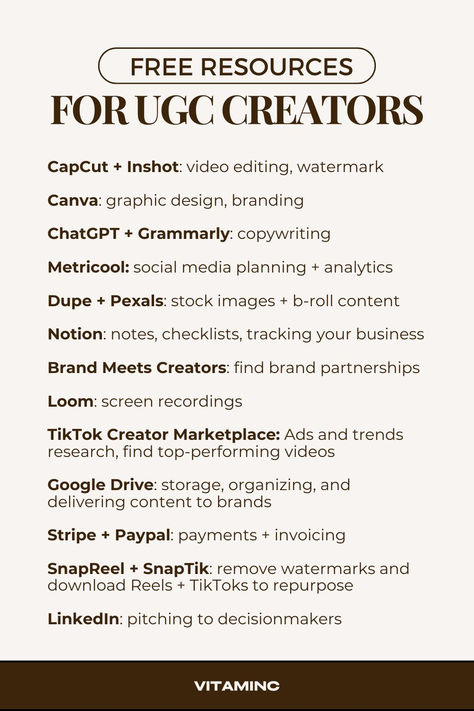 All of these platforms are used by the top creators PLUS they are all FREE. Check out our blog for another free resource for UGC! Happy creating!  #ugc #ugccreator #ugctips #contentcreatortips #sidehustle #digital marketing #free #ugcresources #ugcagency #marketingagency Ugc Creator Profile, How To Create A Ugc Portfolio, Ugc Creator Tips, Ugc Tips, Ugc Creator Contract, How To Become A Ugc Creator, Start Youtube Channel, Social Media Content Planner, Content Creating