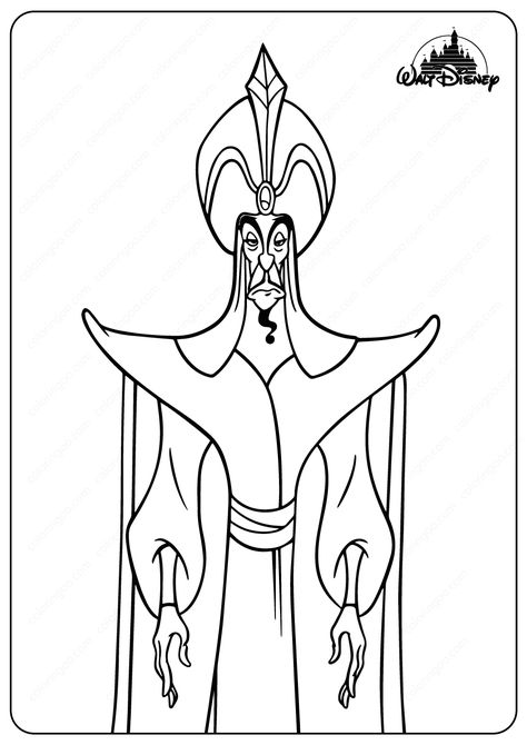 The Evil Sorcerer Jafar Coloring Pages  #jafar #disney #pixar #coloringpages #drawing #cartoon #girls #printable #pdf #painting #evil #sorcerer Disney Villain Coloring Page, Jafar Drawing, Disney Villains Drawings, Disney Villains Coloring Pages, Evil Disney Characters, Halloween Villians, Colour Pictures, Disney Character Drawings, Evil Disney