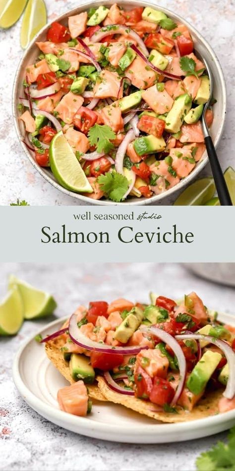 Salmon Seviche Recipes, Salmon Civeche Recipe, Salmon Ceviche Recipe Lime Juice, Salmon Tostadas Recipe, Salmon Civeche, Ceviche Recipe Salmon, Salmon Ceviche Recipe, Seviche Recipes, Homemade Tostadas