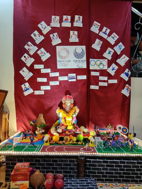 Cricket Theme Ganpati Decoration, Ganesh Chaturthi Decoration At Home Craft Activities, Ganapati Makhar Decoration Ideas, Ganpati Sthapana Decoration, Home Ganpati Decoration, Readymade Ganpati Decoration, Home Ganpati, Ganpati Decoration Theme, Ganpati Decor