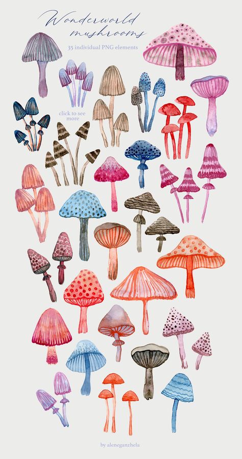 Alice And Wonderland Mushrooms, Mushroom Watercolor Art, Ceramic Mushroom Painting Ideas, Alice In Wonderland Watercolor, Funky Mushrooms, Mushrooms Diy, Mushroom Artwork, Mushroom Patterns, Painted Mushrooms