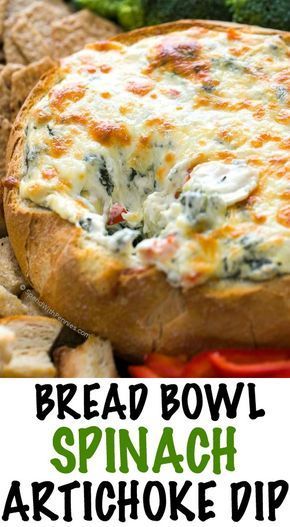 A rich and creamy Hot Spinach and Artichoke recipe dip is easy, delicious and totally cheesy! Once mixed, this dip is baked until warm and melty in a bread bowl and will be the hit of any game day party. Hot Spinach And Artichoke Dip, Bread Bowl Dip, Artichoke Recipe, Spinach Artichoke Dip Recipe, Spinach And Artichoke Dip, Artichoke Dip Recipe, Pan Relleno, Game Day Party, Artichoke Recipes