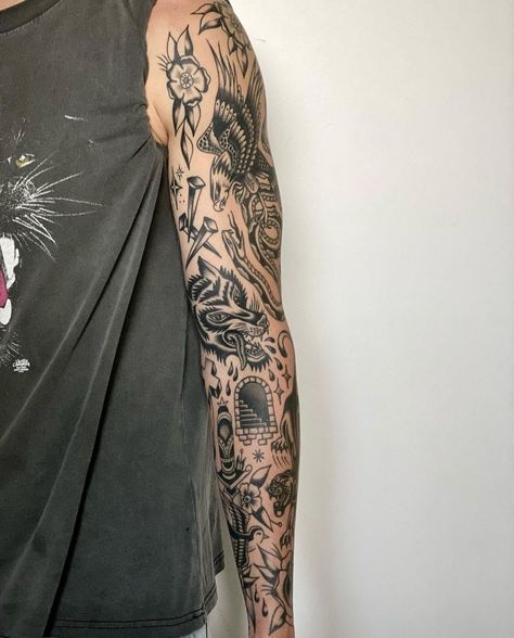 Patchwork Quarter Sleeve Tattoo, Full Traditional Sleeve, Filled In Patchwork Sleeve Tattoo, Traditional Bicep Tattoo Men, Inner Bicep Traditional Tattoo, Flash Tattoo Leg, Arm Tattoo Filler Ideas, Old School Tattoo Sleeve Black, Black And Grey Traditional Tattoo Sleeve