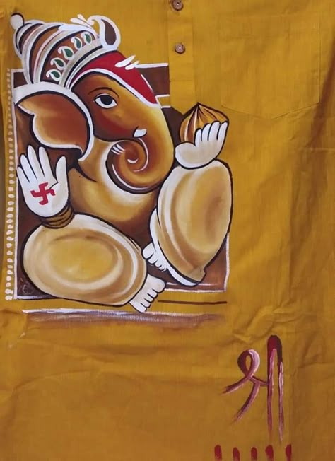 Ganpati Kurta Design, Febric Penting Panjabi, Ganpati Bappa Fabric Painting, Ganpati Fabric Painting, Ganpati Bappa Aarti, Panjabi Painting, Men Printed Kurta, Baby Shiv, Fabric Painting On Kurti