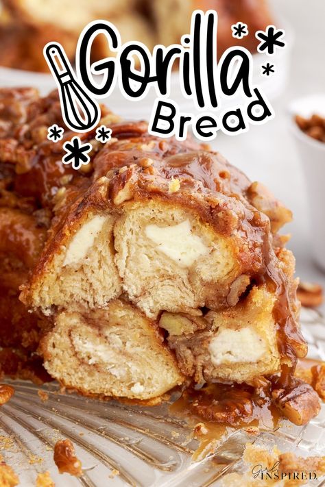 This is the best gorilla bread you have ever tasted. Filled with sweetness from the sugar, cinnamon, and cream cheese. This pull apart bread is fantastic for holidays, brunches, and dessert. Cream Cheese Monkey Bread Recipe, Gorilla Bread Cream Cheese, Pull Apart Breakfast Bread, Breakfast Pull Apart Bread, Cream Cheese Monkey Bread, Gorilla Bread, Cinnamon Sugar Pull Apart Bread, Biscuit Monkey Bread, Pecan Monkey Bread