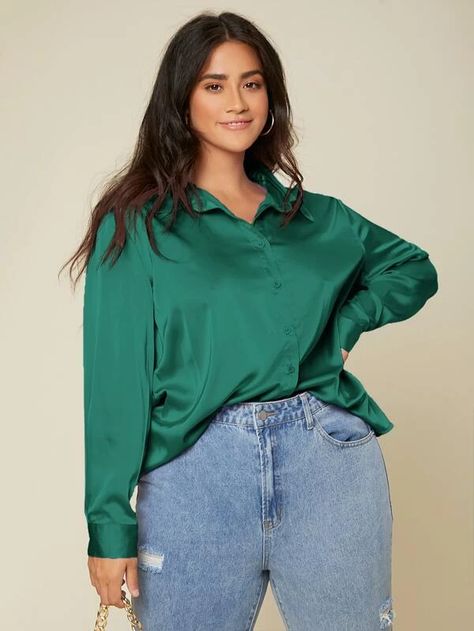 SHEIN Plus Solid Button Up Satin Blouse | SHEIN USA Shein Basics, Satin Shirts, Satin Shirt, Satin Blouse, Plain Shirts, Shein Tops, Green Silk, Work Blouse, Plus Size Blouses