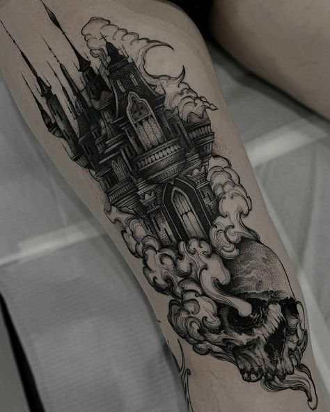 Gotik Tattoo, Shadow Tattoo, Tattoo New, Castle Tattoo, Medieval Tattoo, Wicked Tattoos, Creepy Tattoos, Spooky Tattoos, Gothic Tattoo