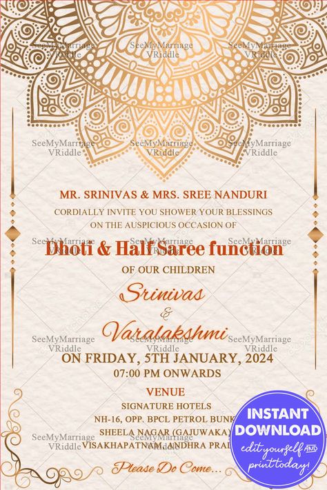 Golden mandala invitation for Dhoti and Half Saree functions Dhoti Ceremony Invitation, Half Saree Ceremony Invitation, Dhoti Ceremony, Half Saree Ceremony, Saree Ceremony, Ceremony Invitation Card, Golden Mandala, Ceremony Invitation, Mandala Designs