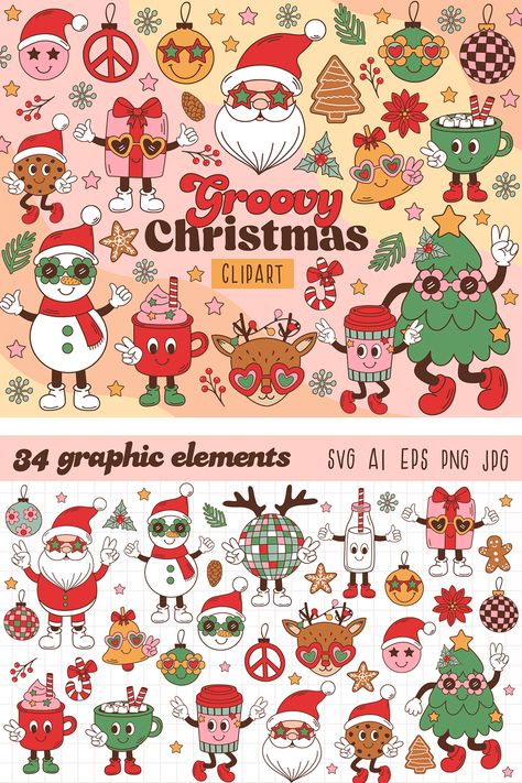 Groovy Christmas Party Theme, Groovy Christmas Decor, Retro Holiday Aesthetic, Retro Christmas Illustration, Retro Christmas Art, Retro Christmas Aesthetic, Groovy Clipart, Christmas Pinata, Hippie Christmas