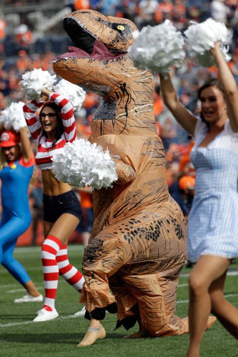 Inflatable T Rex Costume, Randowis Comics, Inflatable Dinosaur Costume, Rex Costume, Broncos Cheerleaders, T Rex Costume, Dino Costume, Best Costumes, Dinosaur Dress