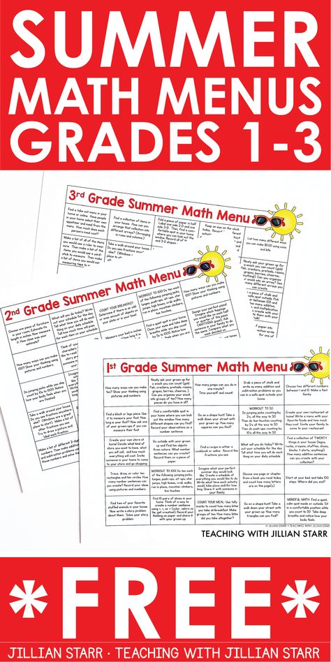 These summer math menus, calendars, or choice boards (you pick!) are the perfect activities to send home with your students. Each menu is filled with 50 hands-on, open-ended, and engaging math activities for kids finishing first, second and third grade. No more boring worksheets or packets to send home! These are sure to keep your kids excited to apply the math they've learned all year and reduce the dreaded summer slide! Grab yours for FREE! Summer School Math Activities 3rd Grade, 3rd Grade Summer Packet Free, 3rd Grade Summer Activities, 2nd Grade Prep Summer, Summer Learning Activities 3rd Grade, Summer Math Activities For Kids, Summer School Math Activities, Summer School Math, Menu Math