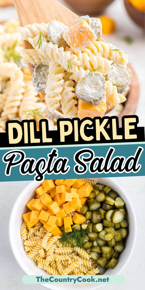 Dill Pickle Pasta Salad is creamy, cheesy with a hint of crunch. It has a delicious dill pickle flavor that makes it stand apart from other pasta salads. Plus, it’s ready in just about 20 minutes! Appetizer With Pickles, Dill Orzo Pasta Salad, Pickle Side Dishes, Cheesy Pasta Salad, Easy Pot Luck Dishes, Pickle Coleslaw, Dill Pickle Salad, Pickle Pasta Salad Recipe, Pickle Salad