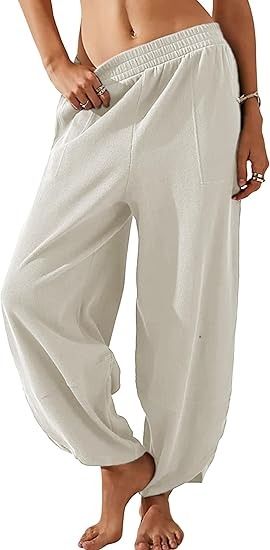 Himosyber Women Cotton Pants Wide Leg Pants Casual Loose Drawstring Low Waist Beach Palazzo Harem Pants (White-S) at Amazon Women’s Clothing store Pretty Pants, Wide Leg Pants Casual, Womens Wide Leg Pants, Pants Cotton, Pants With Pockets, Pants Casual, Pants Wide Leg, Curvy Outfits, Cotton Pants