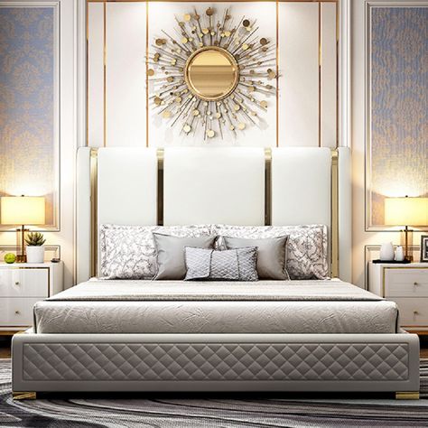 Cal King Faux Leather Upholstered Bed Sunken Metal and Wood Bed Frame Leather Upholstered Bed, Bed Back Design, Leather Bed Frame, Bed Headboard Design, King Upholstered Bed, Modern Bedroom Interior, Modern Luxury Bedroom, Luxury Bedroom Design, Bed Design Modern