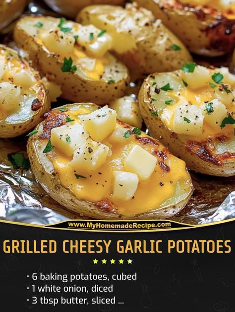 My Home Made Recipe | Grilled Cheesy Garlic Potatoes | Facebook Garlic Baked Potatoes, Garlic Potatoes Recipe, Baking Potatoes, Garlic Baked, Garlic Potatoes, Grilled Potatoes, Cubed Potatoes, Baked Potatoes, Crumbled Bacon