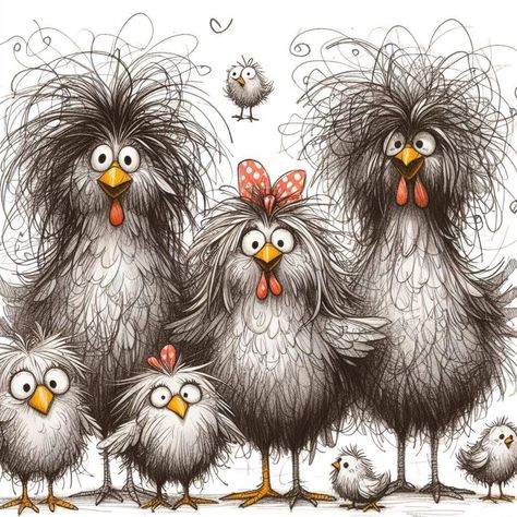 Chicken Sketches Drawings, Funny Chicken Drawing, Cartoon Chickens Funny, Funny Chickens Art, Bird And Nest Drawing, Crazy Chicken Drawing, Simple Cute Hairstyles, Bathroom Crafts, Cartoon Chicken