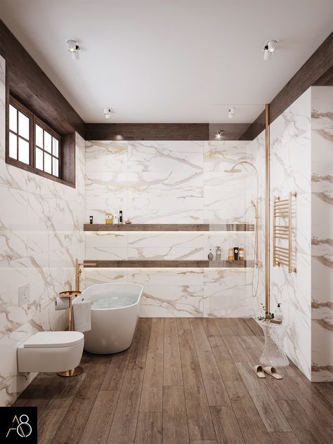 Bathroom Ideas With Wood Tile Floors, Wood Floor Marble Bathroom, Wood Ceramic Tile Bathroom, Bathroom Ideas Wood Floor, Marble And Wood Bathroom, Calacatta Bathroom, Wood Tile Shower, Color Bathroom Design, Wood Tile Bathroom