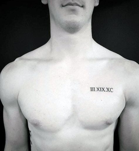 Roman Numerals Upper Chest Tattoo For Guys With Small Design Small Wave Tattoo, Small Chest Tattoos, Roman Numeral Tattoos, Male Chest, Omerta Tattoo, Tattoo Inspiration Men, Men Tattoos, Cool Chest Tattoos, Chest Tattoos