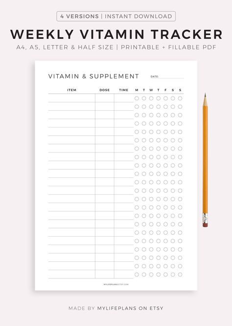 Weekly Vitamin Tracker Printable, Supplement Medication Tracker Printables Free, Medication Planner, Vitamin Tracker, Medication Tracker Printable, Planning Sport, Priority Planner, Medication List, Daily Vitamin, Printable Shopping List