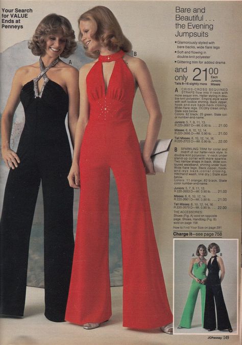 Jumpsuit - It is a garment that includes pants and a top all in one connected outfit. It is a unisex garment. It became very popular during the 70s. Mode Disco, Look Disco, 70s Fashion Disco, 70s Jumpsuit, Mode Pop, 1970s Women, Mode Retro, Outfit Essentials, Disco Fashion