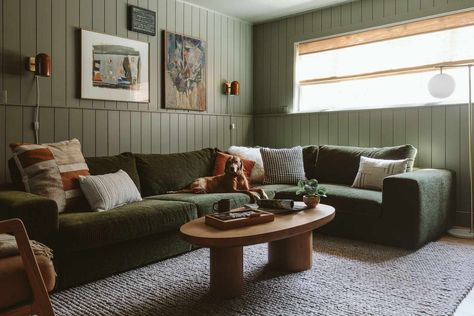 38 Best Sage Green Paint Colors for a Soothing Space Sage Green Basement, Popular Bedroom Paint Colors, Grey And Green Living Room, Green Basement, Best Sage Green Paint Colors, Best Sage Green Paint, Green Upholstered Bed, Sage Green Paint Colors, Coastal Cottage Living Room