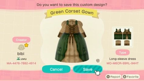 #acnh #customcode Acnh Clothes Design Id Princess, Acnh Forestcore Codes, Green Corset Gown, Acnh Custom Design, Codes Acnh, Witchy Dress, Clothes Codes, Acnh Cottagecore, Tom Nook