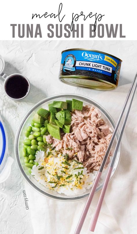 Healthy, easy, and budget friendly sushi inspired meal! Healthy homemade Tuna Sushi Bowl is made with canned tuna. Sushi Meal Prep Canned Tuna Sushi Bowl, Sushi Bowl Tuna, Tuna Bowl Canned, Canned Tuna Rice, Tuna Rice Bowl Recipe, Sushi Bowl Healthy, Tuna Rice Bowl, Tuna Sushi Bowl, Tuna And Rice