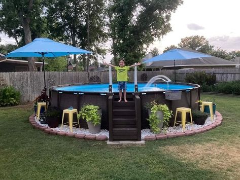 Pergola Over Above Ground Pool, Fencing Around Above Ground Pool, Pool Hang Out Ideas, Above Ground Pool No Deck, Above Ground Pool Plants, Backyard Pool Designs Above Ground, Inexpensive Above Ground Pool Ideas, Shade For Above Ground Pool, Painted Above Ground Pool Walls