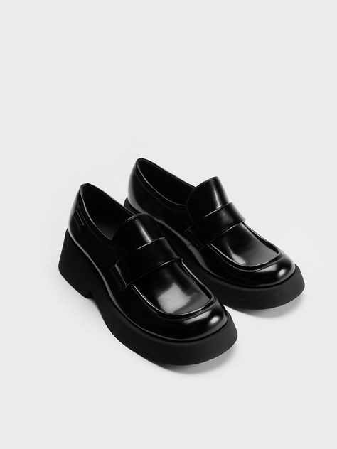 Black Boxed Giselle Strap Chunky Loafers - CHARLES & KEITH International Charles And Keith Loafers, Black Glossy Leather Loafers, Black Synthetic Loafers, Luxury Black Loafers, Luxury Designer Black Loafers, Charles And Keith Shoes, Gojo Sensei, Charles And Keith, Blazer And Jeans