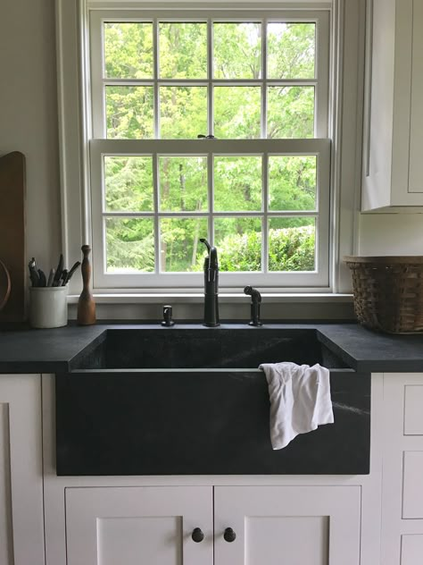 Soapstone counter and sink Black Farmhouse Sink Black Countertops, Black Apron Front Kitchen Sink, Black Ceramic Sink Kitchen, Kitchen Sink Black Countertops, Black Stone Sink Kitchen, Soapstone Farmhouse Sink, Soapstone Kitchen Sink, Soap Stone Sink, Black Farmhouse Sink White Cabinets