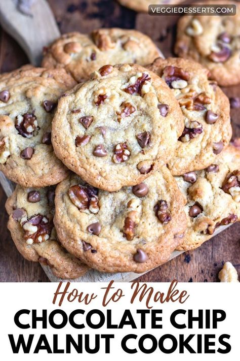 Stack of chocolate chip walnut cookies. Choc Chip Walnut Cookies, Chewy Chocolate Chip Walnut Cookies, Chocolate Chip With Walnut Cookies, Chocolate Chip Cookies With Walnuts Recipes Easy, Walnut And Chocolate Chip Cookies, Chocolate Chip Walnut Bars, Chocolate Chip Cookies Walnut, Walnut Chocolate Chip Cookies Recipes, Walnuts Cookies Recipe