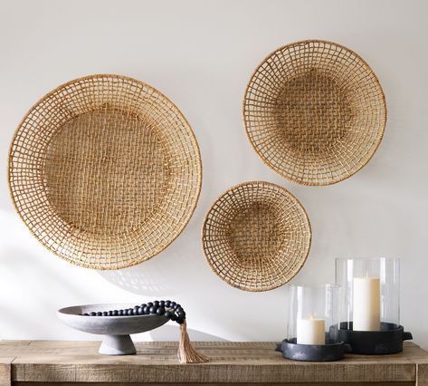 Asha Abaca Wall Baskets - Set of 3 | Pottery Barn Woven Wall Hanging Baskets, Woven Baskets On Wall, Wicker Baskets On Wall, Basket Walls, Mexican Wall Decor, Wicker Wall Decor, Wall Basket Decor, Basket Wall Art, Mexican Wall