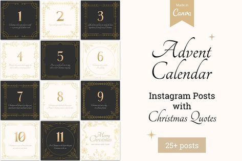 Transform your feed, spread the Christmas spirit and reach a wider audience with these 50 Christmas Advent Calendar Instagram Templates designed in Canva in luxury Christmas color scheme Gold - Black - Beige. This Christmas Advent Calendar Social Media Template pack will help you create a cohesive and branded Instagram/Facebook feed, boost your engagement and increase your following - everything you need to grow your business online presence this holiday.  ELEVATE while SIMPLIFY your Instagram m Advent Calendar Instagram, Christmas Colour Schemes, Facebook Feed, Holiday Templates, Instagram Template Design, Marketing Photos, Quote Template, Calendar Templates, Luxury Christmas