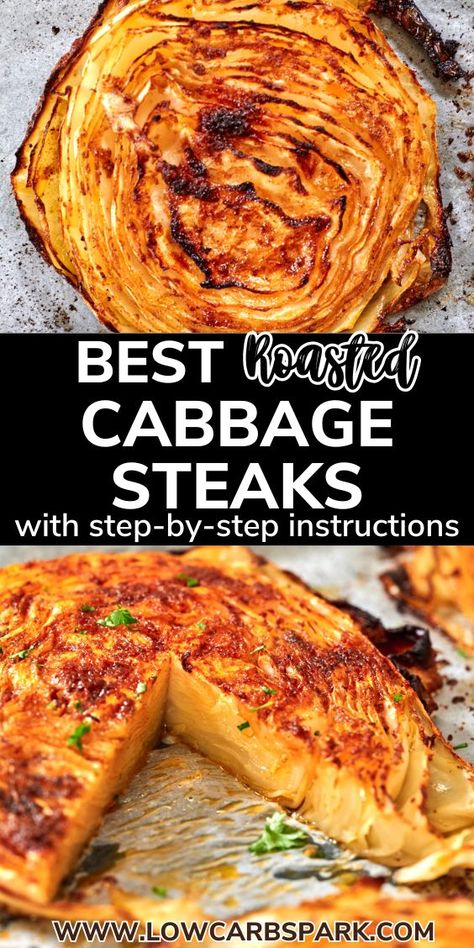 Learn how to make the best roasted cabbage steaks recipe that's perfectly caramelized on the edges and extremely delicious. Ready in less than 40 minutes, this cabbage recipe is a delicious side dish that pairs perfectly with any of your favorite proteins or is as simple as it is for a light lunch recipe. Vegan Cabbage Steaks Recipe, Cabbage And Greens Recipes, Roasted Cabbage Slices, What To Make With A Head Of Cabbage, Sliced Cabbage Recipe, Small Cabbage Recipes, Mushroom Cabbage Recipes, Cabbage Side Recipes, Best Cooked Cabbage Recipe