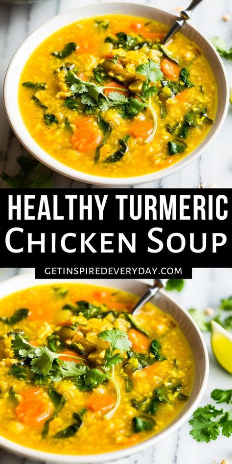 This Anti-Inflammatory Turmeric Chicken Soup is so easy to make and super cozy as well! It's made with ginger too for an extra healthy punch, and can be made ahead and frozen as well. It's paleo, gluten free, and dairy free because it's made with cauliflower rice. It's even popular with both adults and kids, and it's our favorite go-to for lunches during the colder months. Clean Soups, Turmeric Chicken Soup, Turmeric Soup, Turmeric Chicken, Whole30 Dinner, Anti Inflammation Recipes, Winter Soup, Brown Spots Removal, Brown Spots