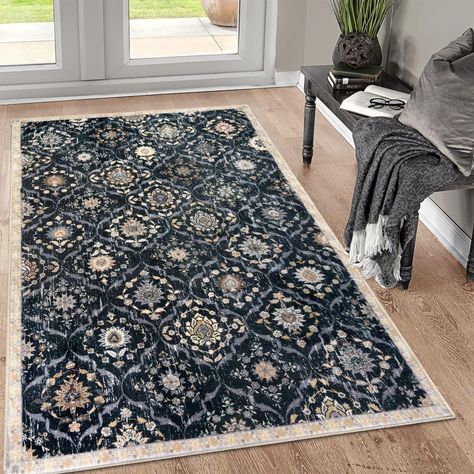 PRICES MAY VARY. Design Details: Color: Black/Navy Blue. This indoor rug features a printed Moroccan floral design with intricate, muted patterns, adding timeless elegance to any space. The indoor rug’s color may vary slightly from the images due to different lighting Durability and Safe: Ideal for high-traffic areas like entryway, hallway, and living room, this washable rug is built for long-lasting quality. To remove shipping creases, simply roll the rug in the opposite direction; creases will Navy Blue Hallway, Blue Hallway, Vintage Floral Rugs, Indoor Kitchen, Office Black, Navy Blue Rug, Entryway Hallway, Moroccan Area Rug, Washable Rug