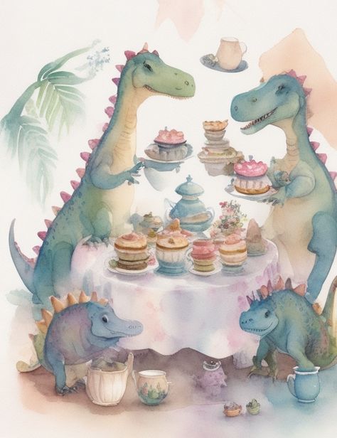 Animal Tea Party Illustration, Dinosaur Tea Party, Tea Party Illustration, Animal Tea Party, Watercolor Teacup, Party Illustration, A Group, Tea Party, Digital Drawing