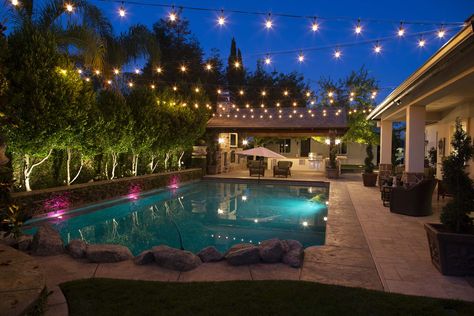 Bakersfield Lighting | Lighting in Bakersfield from Light Guys Hanging Patio Lights, Backyard String Lights, Corporate Event Design, Backyard Garden Landscape, Pool Lights, Backyard Lighting, Pool Light, Festoon Lighting, Canopy Outdoor