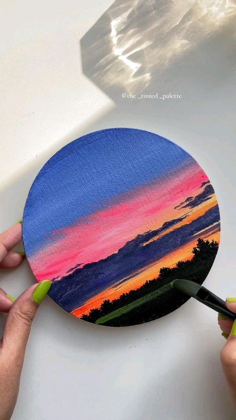 Bright sky painting on round canvas. | Mini canvas art, Circle canvas, Circular canvas painting Painting On Round Canvas, Circular Canvas Painting, Circular Canvas, Circle Canvas, Circle Painting, Simple Canvas Paintings, Canvas Painting Tutorials, Cute Canvas Paintings, Art Circle