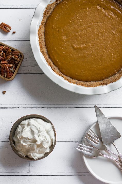 Pumpkin Pie with a Pecan Pretzel Crust - Naturally Sweet Kitchen Pretzel Crust Pumpkin Pie, Pumpkin Pie Pecan Topping, Pumpkin Pie With Pecan Crust, Pecan Pie Decorative Crust, Carmelized Pecans, Keto Pumpkin Pie With Pecan Crust, Pie With Pretzel Crust, Traditional Pumpkin Pie Recipe, Sugar Free Pumpkin Pie