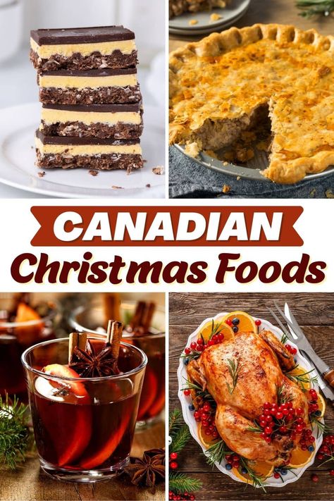 These traditional Canadian Christmas foods make for an authentic feast! From Nanaimo bars to roast turkey to Buche de Noel, have your next holiday in true Canadian fashion. Canadian Food Recipes Traditional, Canadian Christmas Food, Canadian Thanksgiving Recipes, Canadian Desserts, Canadian Dessert Recipes, Christmas Food List, Usa Recipes, Canadian Foods, Xmas Foods