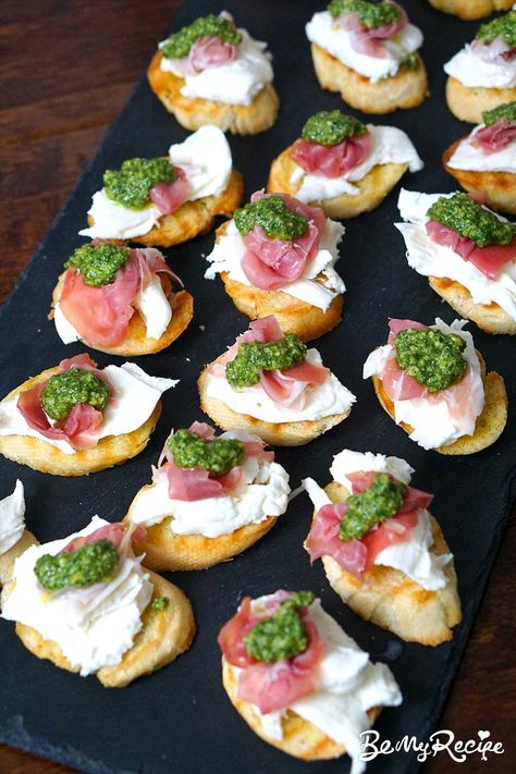 Pesto Prosciutto Mozzarella Crostini Mozzarella Crostini, Pesto Appetizers, Prosciutto Crostini, Prosciutto Appetizer, Party Canapes, Prosciutto Mozzarella, Crostini Appetizers, Spinach Frittata, Pesto Cheese