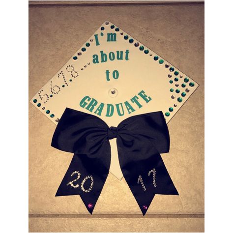 Graduation cap idea for cheerleaders! I used E6000 glue for the jewels and for the bow. And the letters are foam. I painted them turquoise because Walmart didn't have any pre-colored. Hope you enjoy!😇 Cheerleader Graduation Cap, Grad Cap Ideas, E6000 Glue, High School Graduation Cap, College Graduation Cap Decoration, Grad Ideas, Grad Caps, Cap Decoration, Graduation Cap Designs