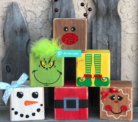 Christmas 2 X 4 Crafts, Christmas Crafts With 2x4 Wood, 4x4 Post Christmas Projects, Christmas Crafts With Wood Blocks, Wooden Block Crafts Diy, Diy Blocks Decorations, Wood Block Gnomes Diy, Noel Signs Christmas Diy, Crafts With 2x4 Scraps