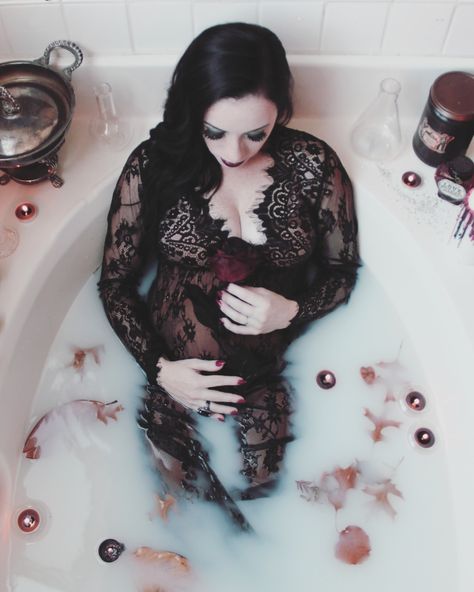 We did a spooky, autumn themed milk bath. Spooky Milk Bath Maternity, Goth Maturnity Shoot, Pregnant Goth Style, Horror Maternity Shoot, Goth Maternity Photos, Spooky Pregnancy Photoshoot, Pregnant Goth Outfits, Witch Maternity Photos, Halloween Maternity Pictures