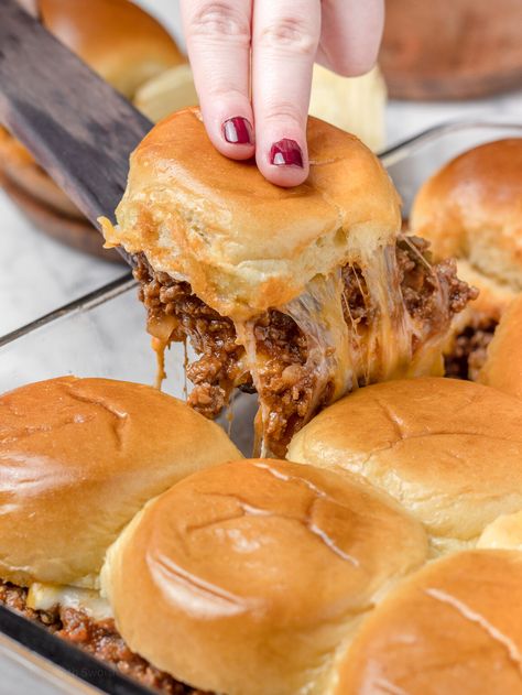 Sloppy Joe Sliders - Entirely Elizabeth Cheeseburger Sloppy Joes, Entirely Elizabeth, Sloppy Joe Sliders, Sliders Recipes Hawaiian Rolls, Homemade Sloppy Joe Sauce, Sloppy Joes Sliders, Homemade Sloppy Joe Recipe, Sloppy Joes Easy, Man Recipes