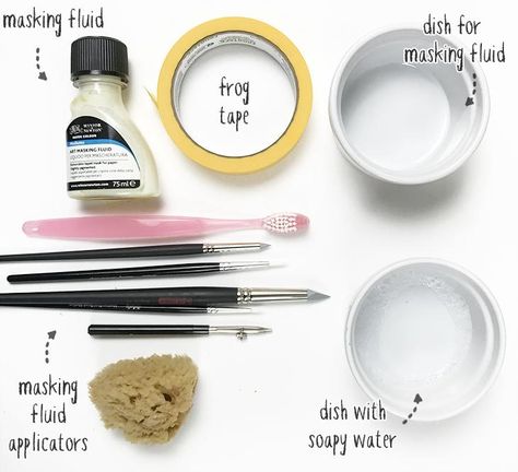 How To Use Masking Fluid, Masking Fluid Ideas, Watercolor Granulation, Watercolour Supplies, Beginner Watercolor, Diy Techniques And Supplies, Watercolor Supplies, Fantasy Shop, Fabric Painting Techniques